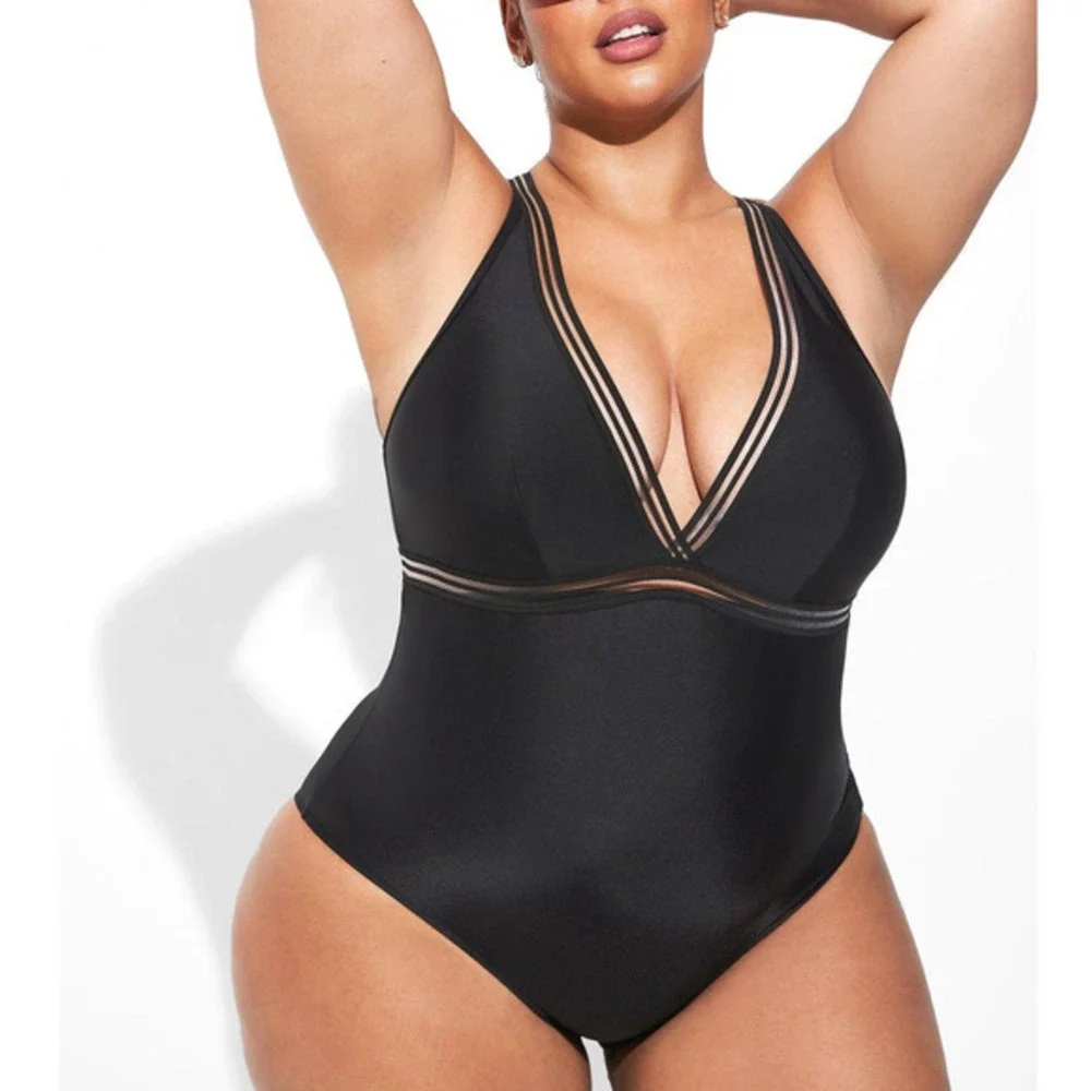 New Torrid Plus Size 6‎ Black Mesh Trim Busty Padded One Piece Wireless Swimsuit